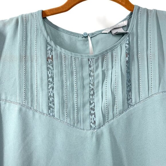 H&M Short Sleeve Blouse Pleated Yoke Keyhole Back Lined Sage Green Sz 10 - Picture 4 of 5